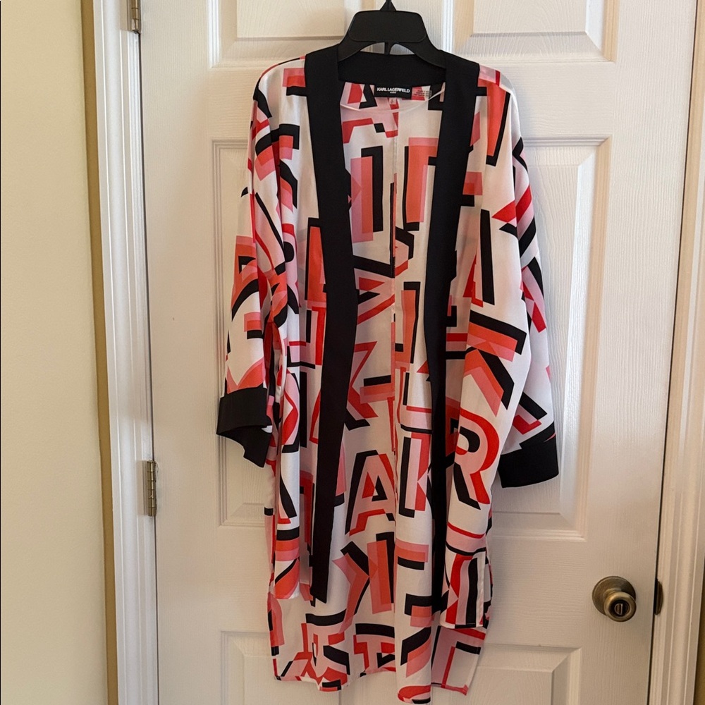 Karl Lagerfied Hi-LoGraphic Letterprint Open Front Duster - Black, White & Coral